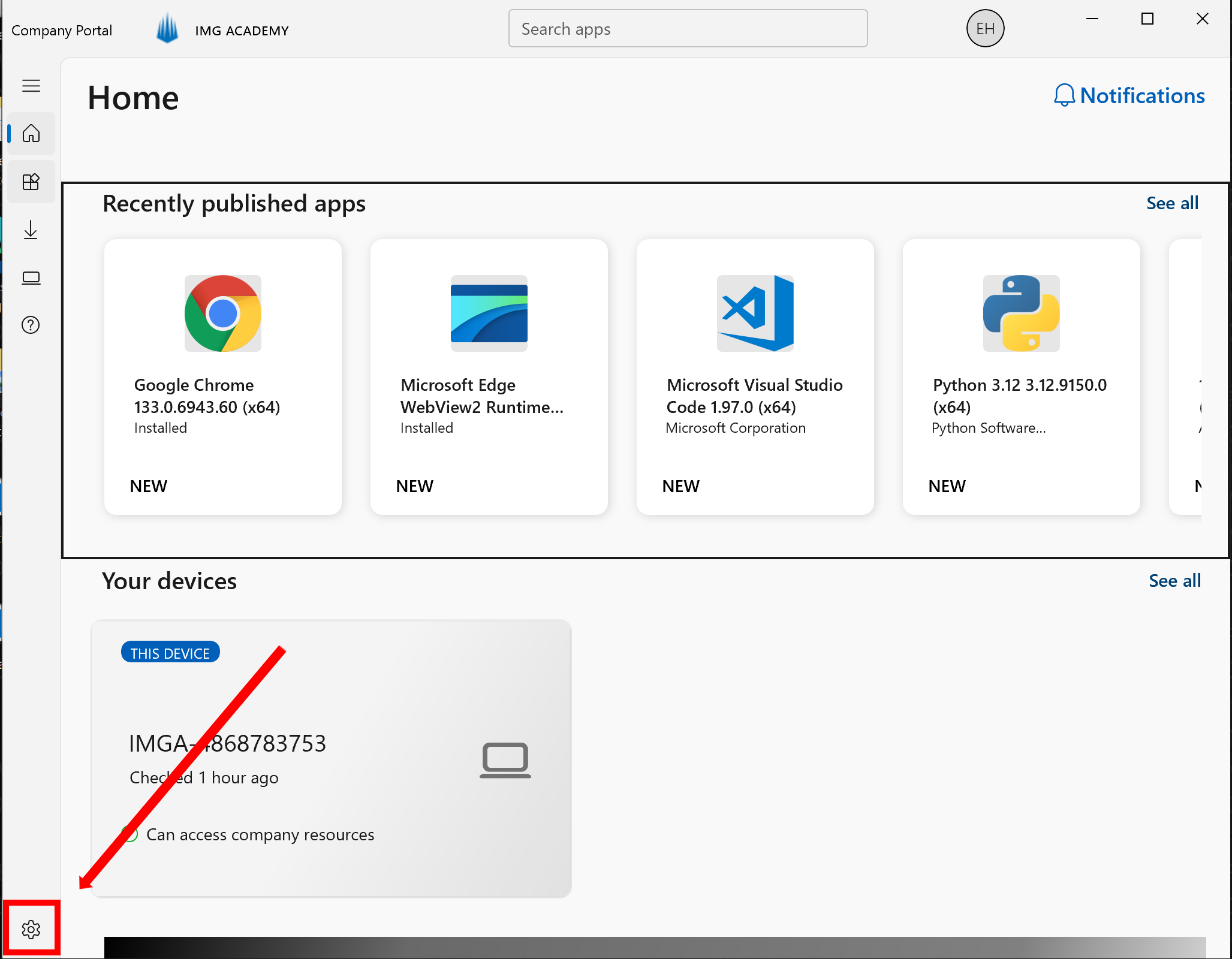 company portal home screen find settings.png